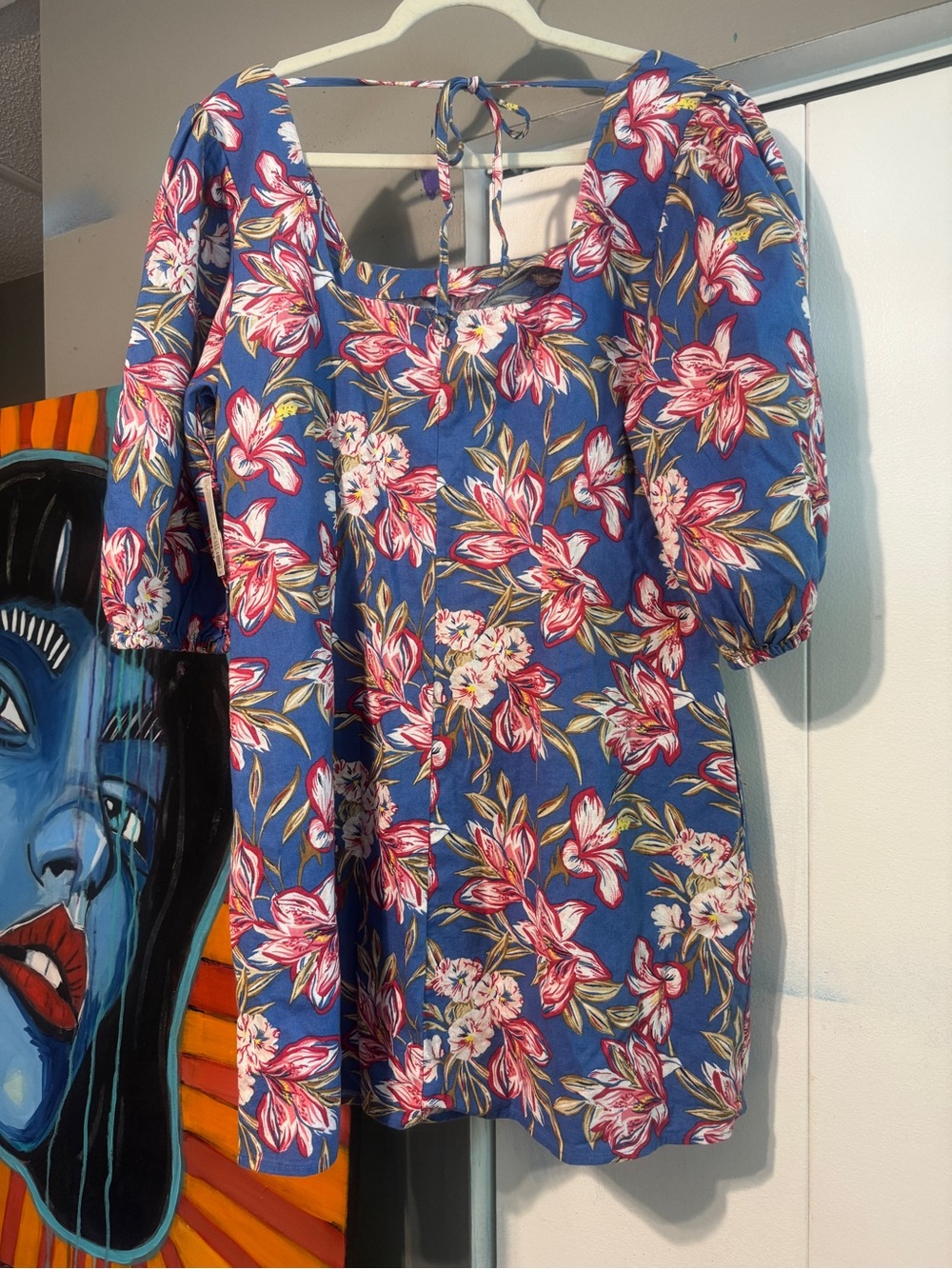NWT A New Day L Blue Bold Floral Cotton Linen Puff Sleeve Mini Dress Pockets - Picture 7 of 10